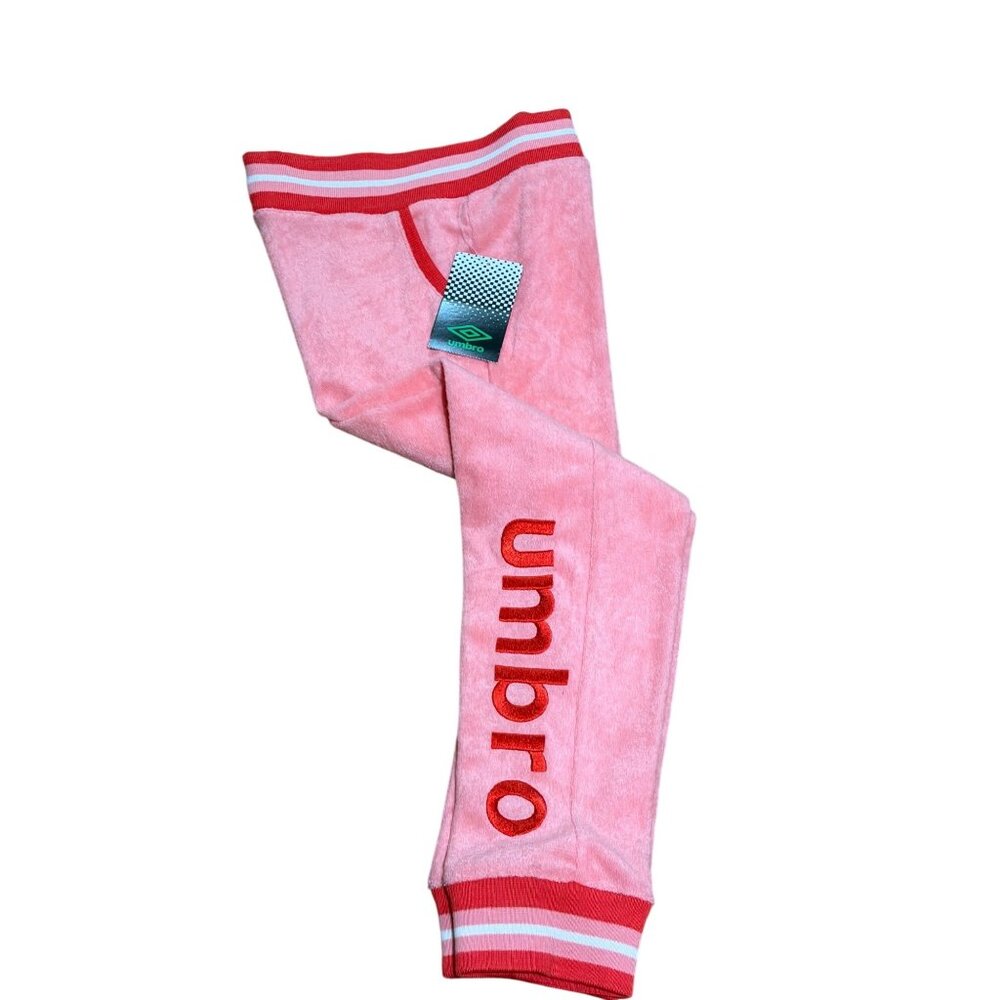 NWT Umbro Girls Medium 7/8 Pink Red Trim Terry Jogger Pants Embroidered Athletic